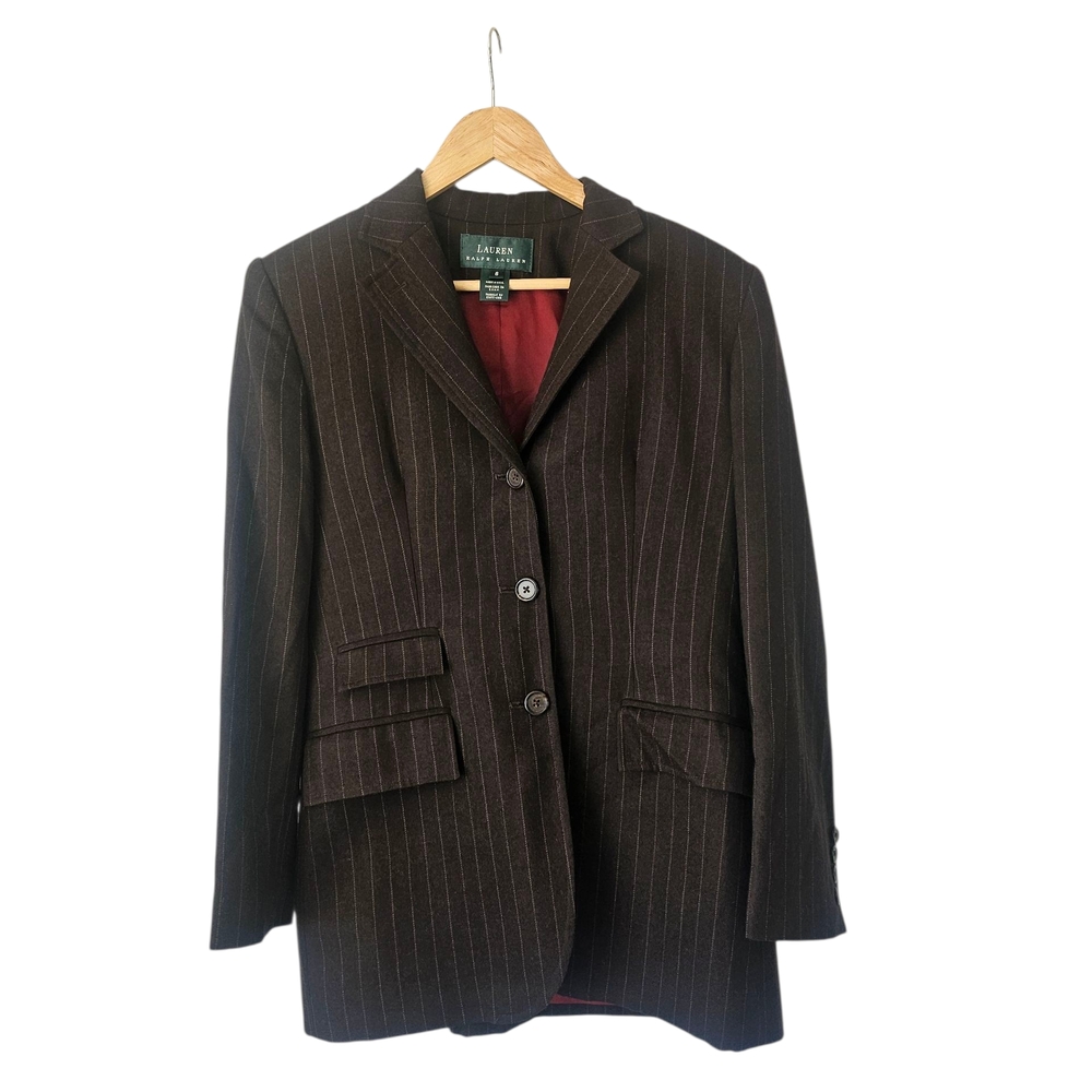 Lauren Ralph Lauren Brown Pinstripe Wool Blazer, Classic Professional Fit, Sz 6